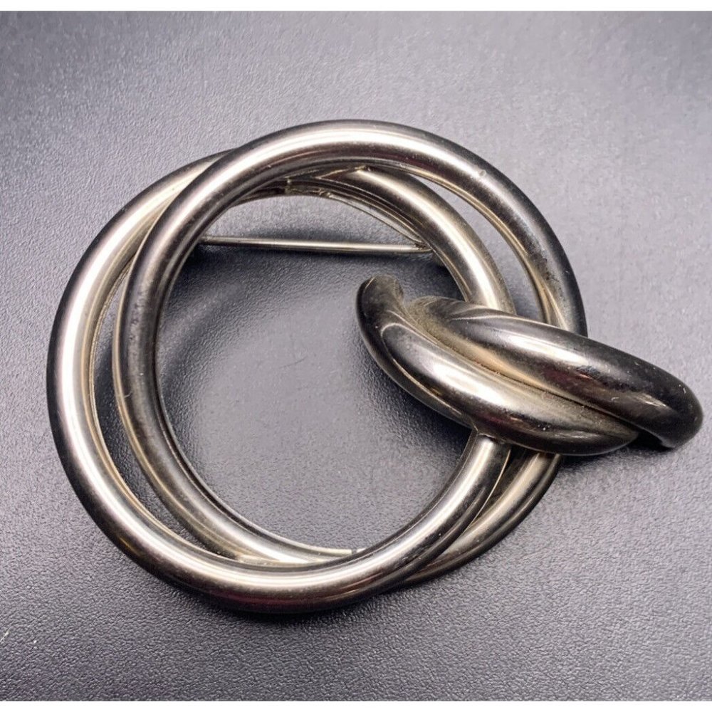 Silver Tone Brooch Pin Hollow Tube Tubular Linked Rings Abstract Vintage